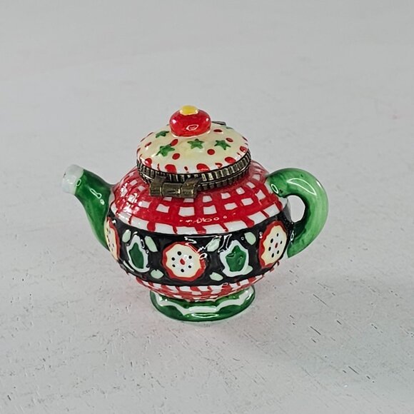 Mary Engelbreit Enesco Ceramic Teapot Trinket Box Red & Green Checkered Design - Picture 3 of 8